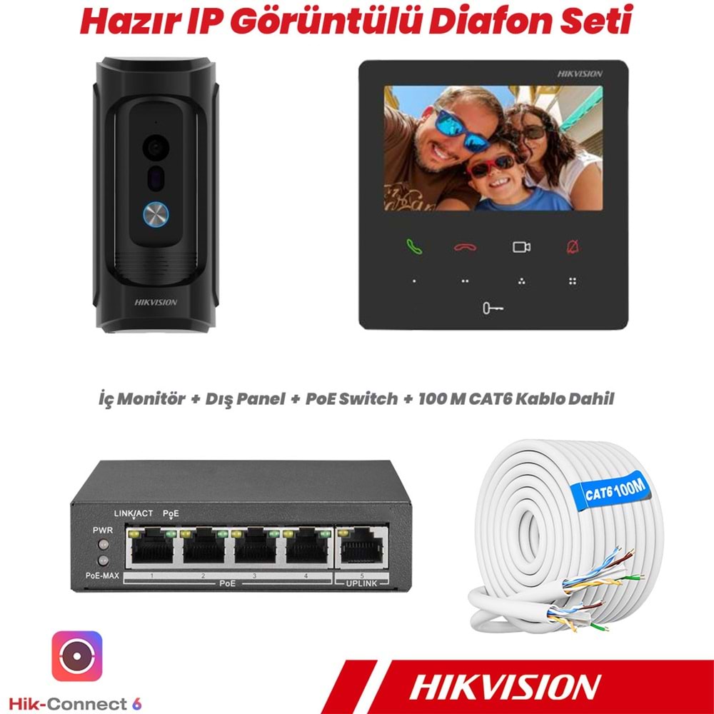 Hikvision DS-KB8113-IME1(B) + DS-KH6110-WE1 PoE IP Görüntülü Diafon / İnterkom Seti 100 Metre CAT6 Kablolu