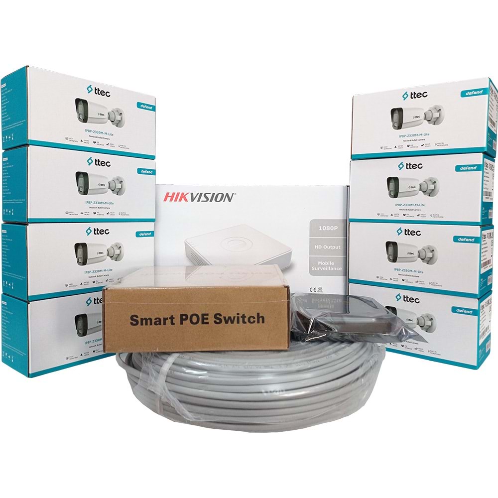 Hikvision 8'li İP Güvenlik Kamerası Seti, Mikrofonlu, Uzaktan İzleme, Gece Görüş