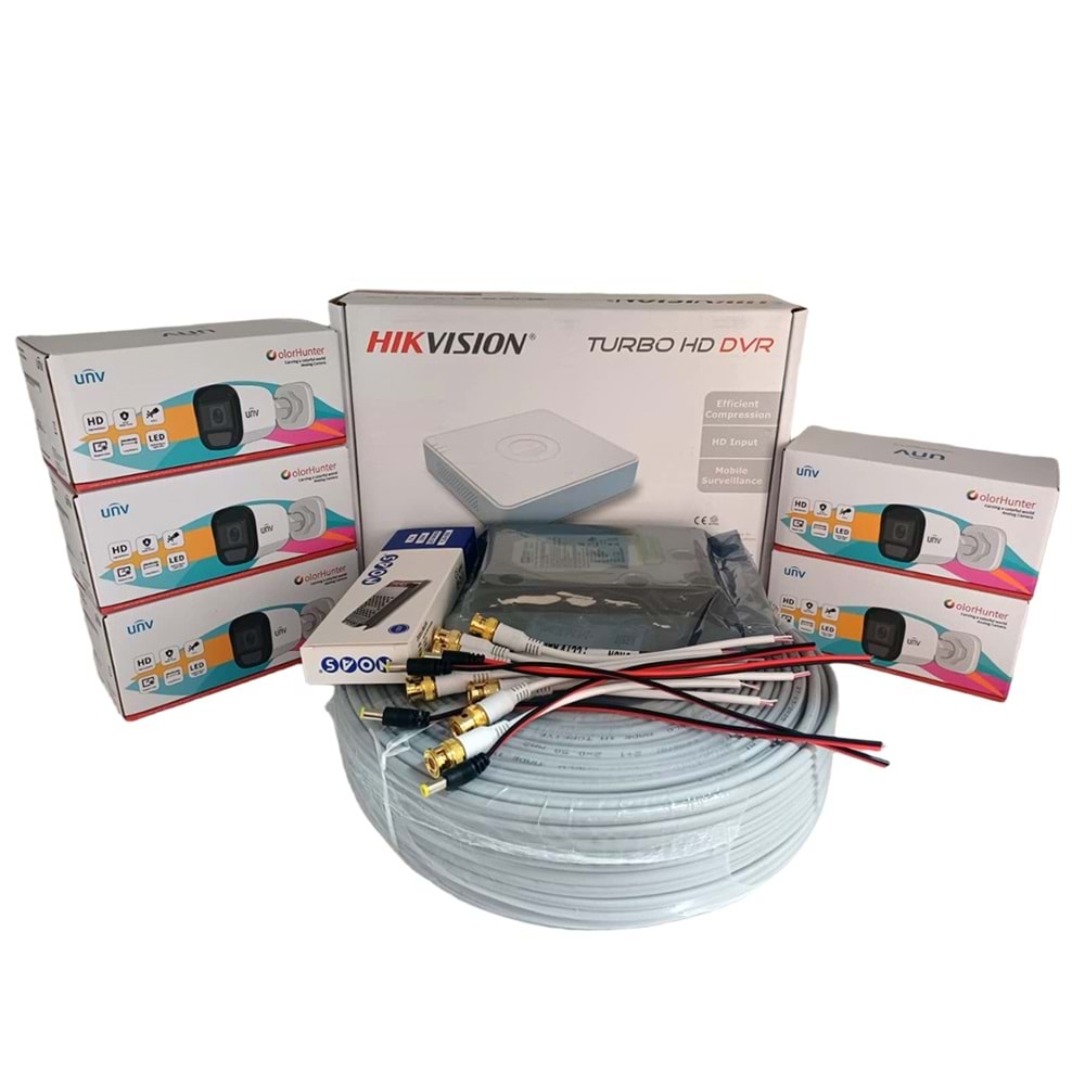 Hikvision 5’li Full HD Güvenlik Kamerası Seti Renkli Gece Görüşlü, Mikrofonlu, Olay Anında Bildirim