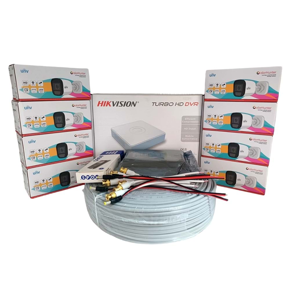 Hikvision 8’li Full HD Güvenlik Kamerası Seti Renkli Gece Görüşlü, Mikrofonlu, Olay Anında Bildirim