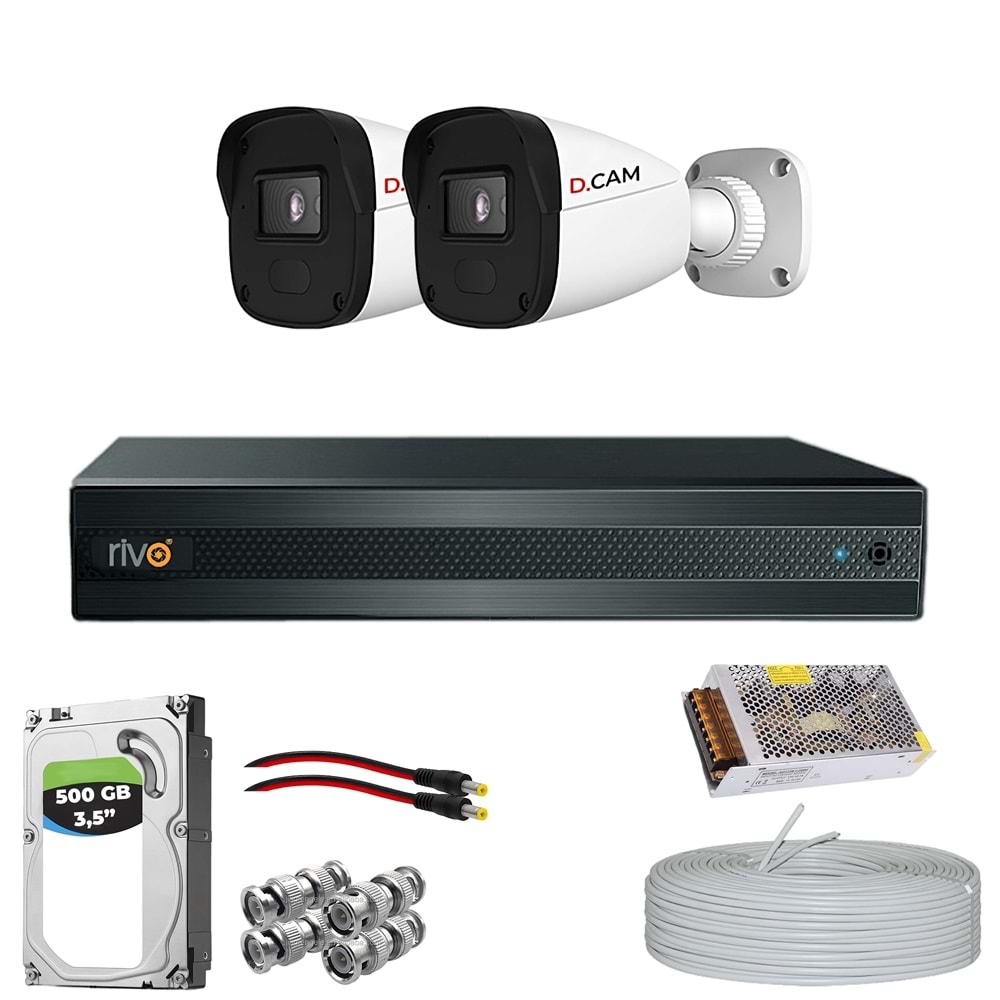 RİVO Dcam 2 Kameralı 40 Metre Gece Görüşlü Set 500GB Hdd