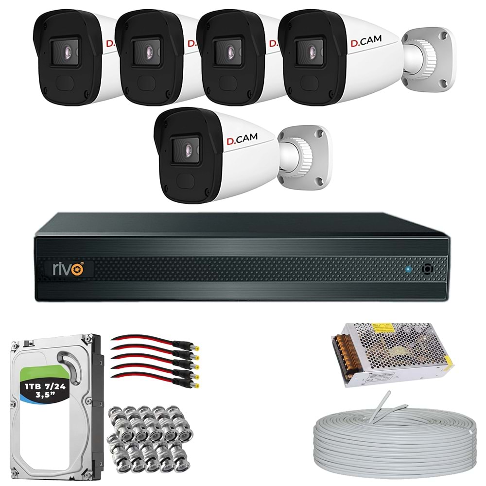 RİVO Dcam 5 Kameralı 40 Metre Gece Görüşlü Set 1TB 7/24 Hdd