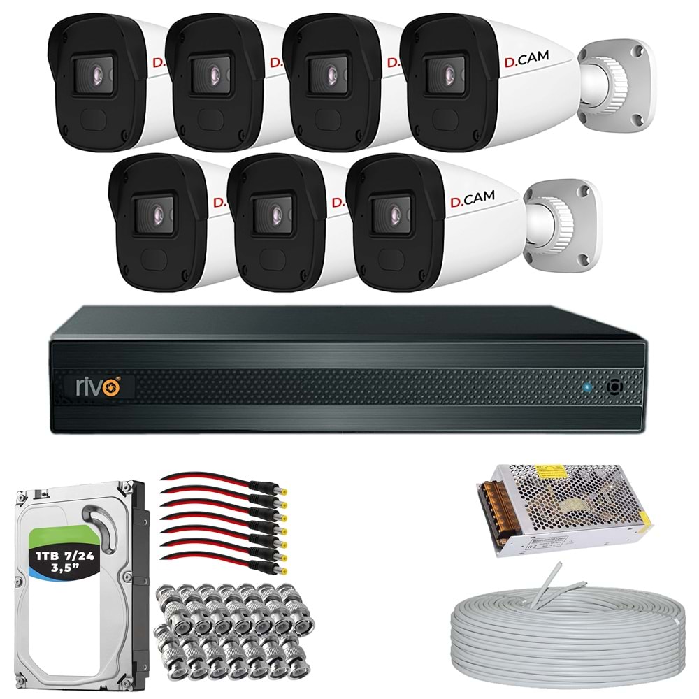 RİVO Dcam 7 Kameralı 40 Metre Gece Görüşlü Set 1TB 7/24 Hdd