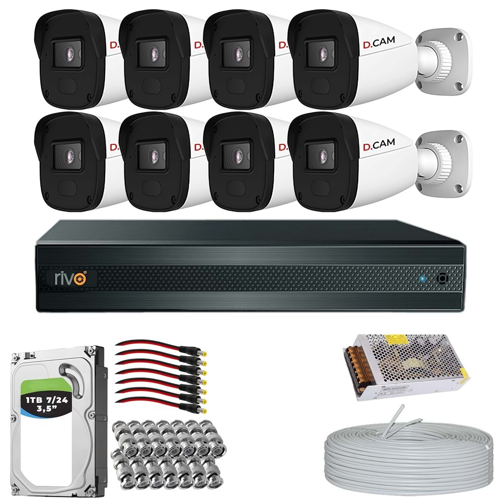 RİVO Dcam 8 Kameralı 40 Metre Gece Görüşlü Set 1TB 7/24 Hdd