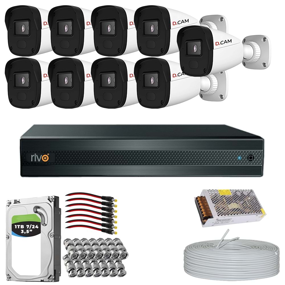 RİVO Dcam 9 Kameralı 40 Metre Gece Görüşlü Set 1TB 7/24 Hdd