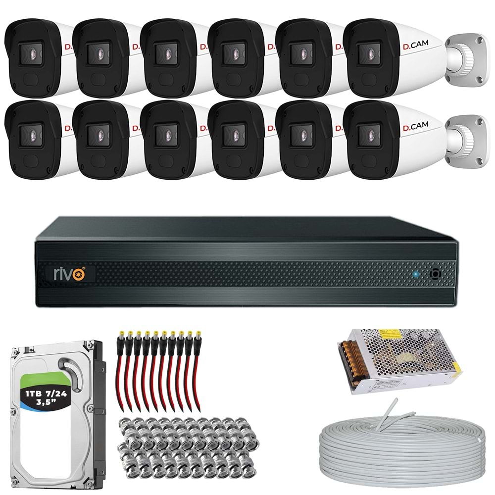 RİVO Dcam 12 Kameralı 40 Metre Gece Görüşlü Set 1TB 7/24 Hdd