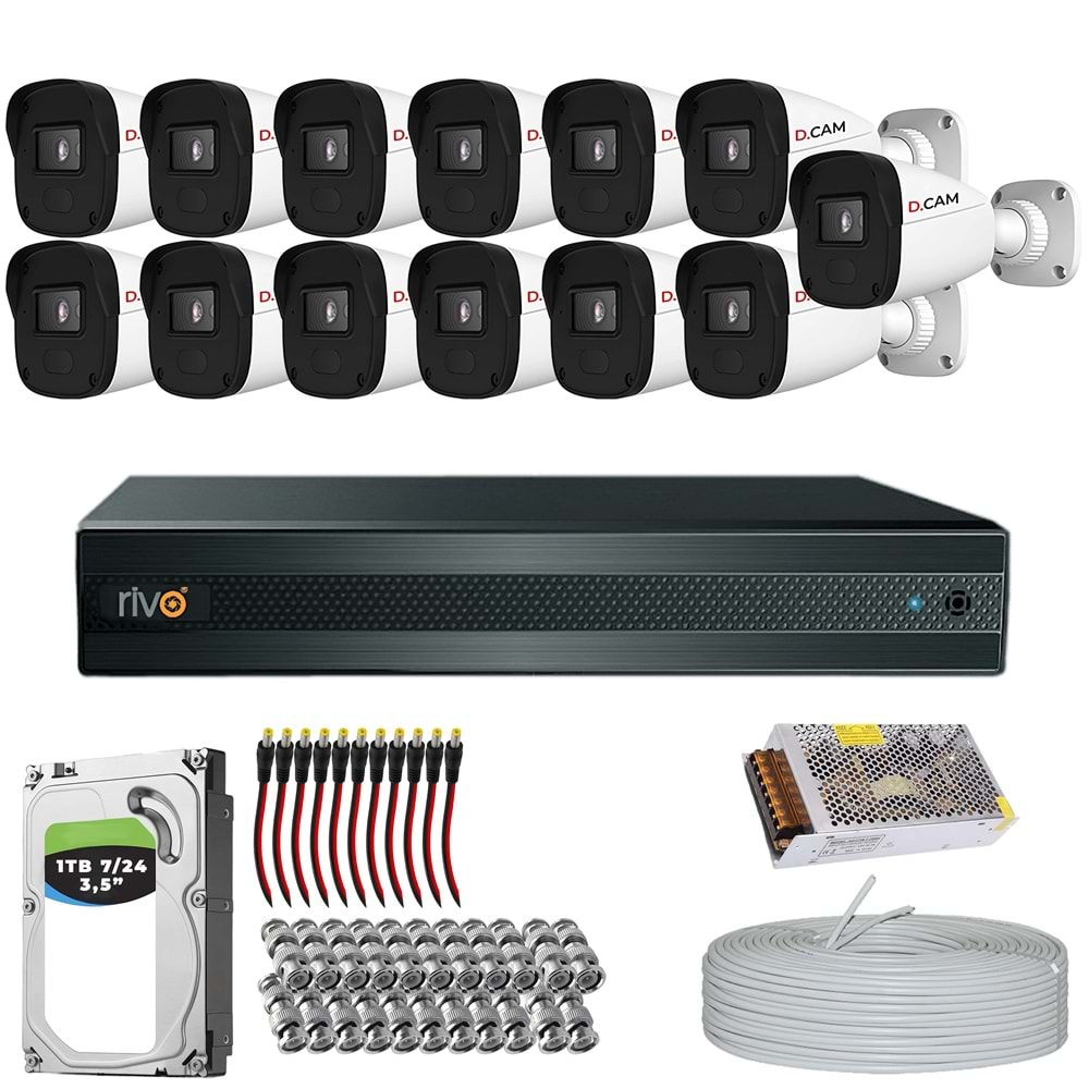 RİVO Dcam 13 Kameralı 40 Metre Gece Görüşlü Set 1TB 7/24 Hdd