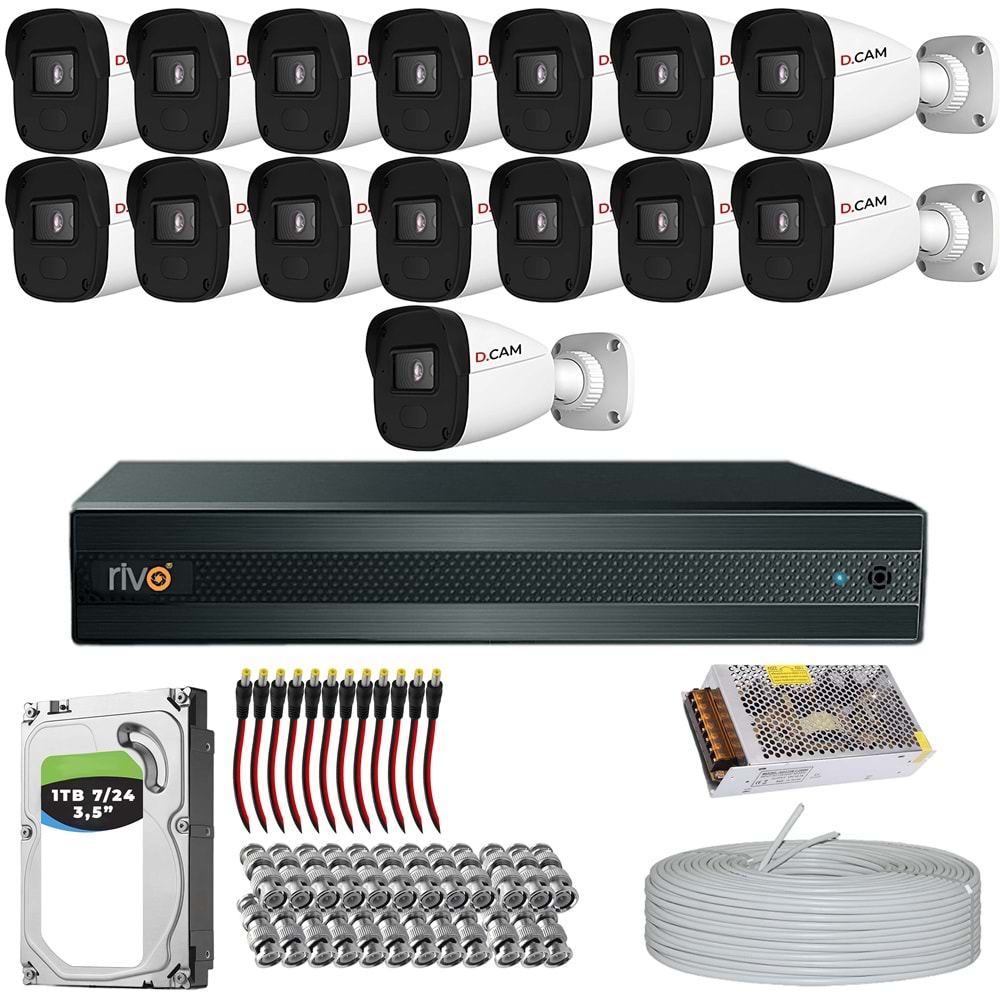 RİVO Dcam 15 Kameralı 40 Metre Gece Görüşlü Set 1TB 7/24 Hdd