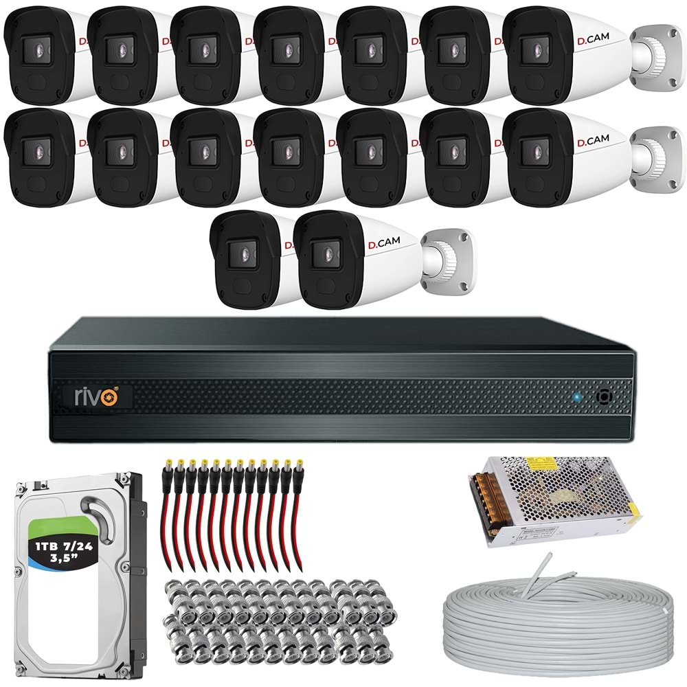 RİVO Dcam 16 Kameralı 40 Metre Gece Görüşlü Set 1TB 7/24 Hdd