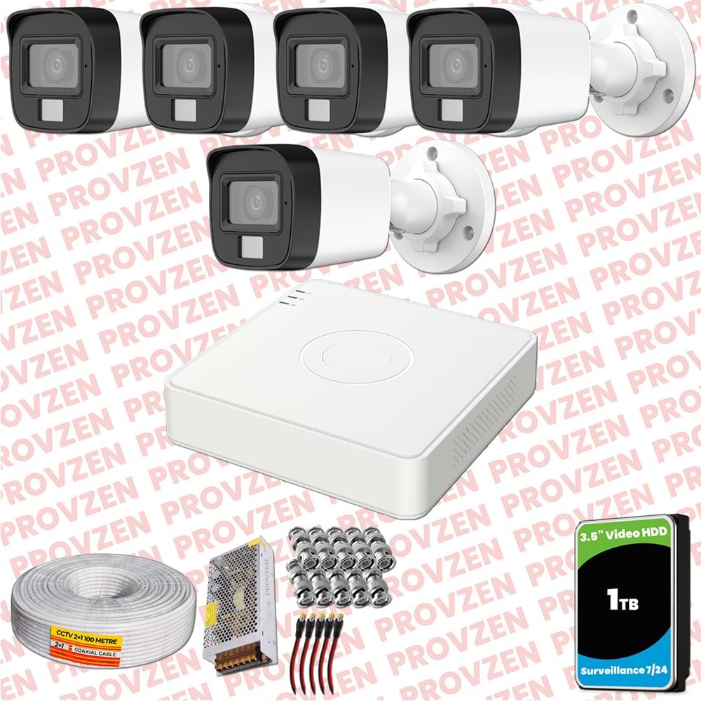 Provzen Hikvision 5 Kamera Hibrit ColorVu Full HD Güvenlik Kamera Olay Anında bildirim