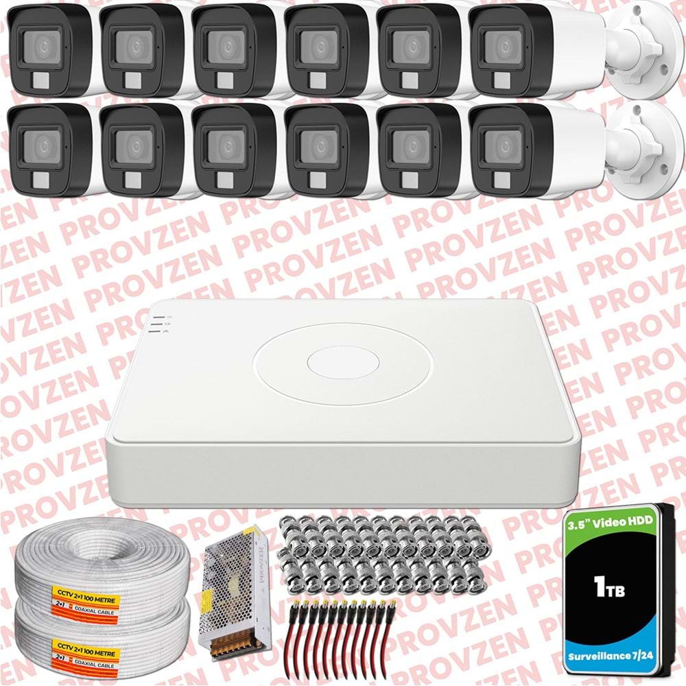 Provzen Hikvision 12 Kamera Hibrit ColorVu Full HD Güvenlik Kamera Olay Anında bildirim