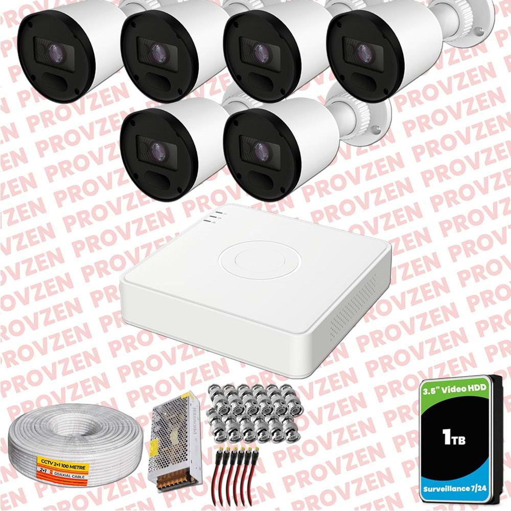 Provzen RV Hikvision 6 Kameralı Full HD 20mt Gece Görüşlü Güvenlik Kamerası Olay Anında bildirim