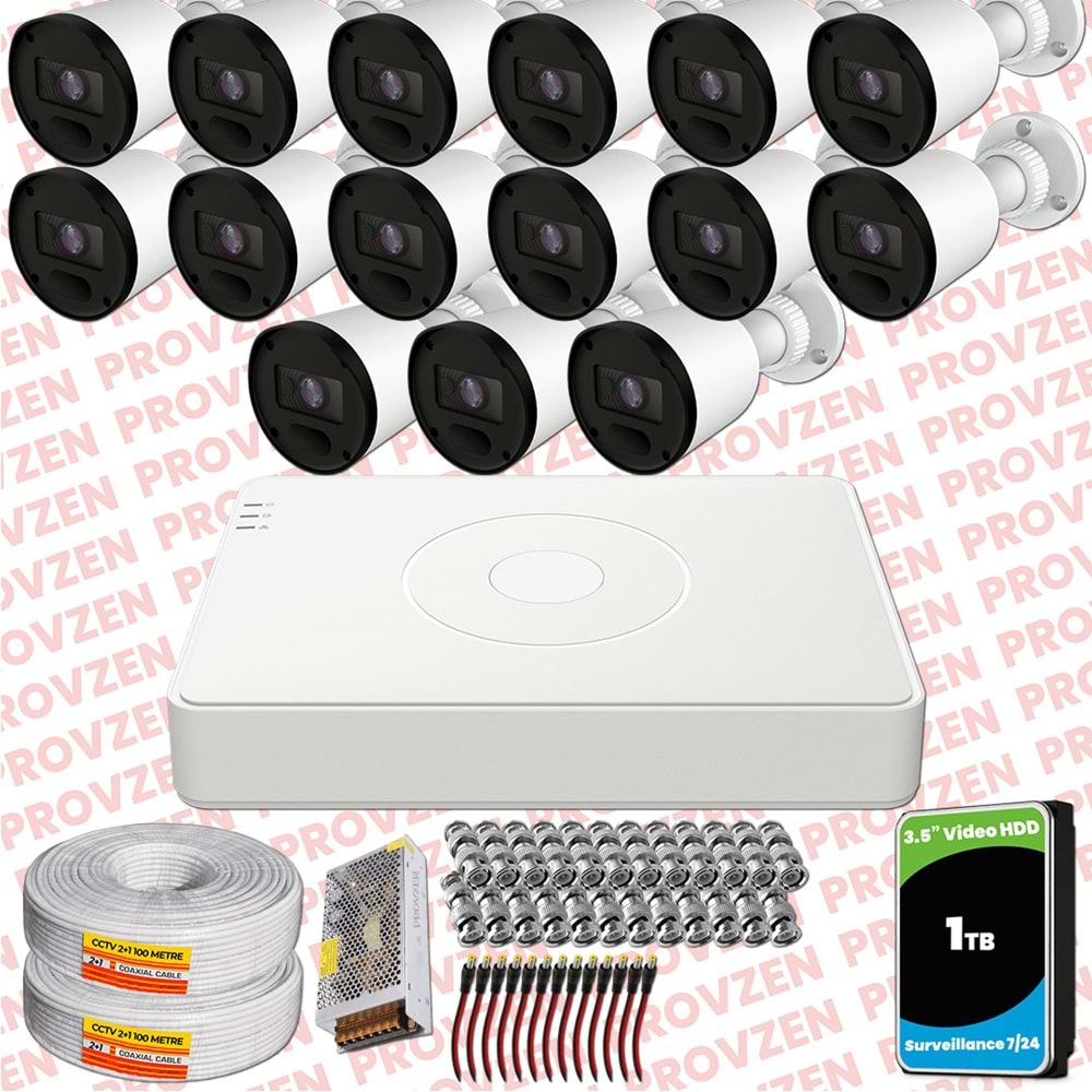 Provzen RV Hikvision 15 Kameralı Full HD 20mt Gece Görüşlü Güvenlik Kamerası Olay Anında bildirim