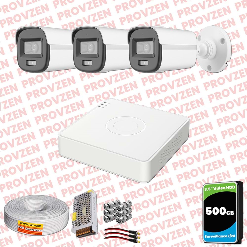 Provzen Hikvision ColorVu Full HD 3 Kameralı Gece Renkli Güvenlik Kamerası Olay Anında bildirim