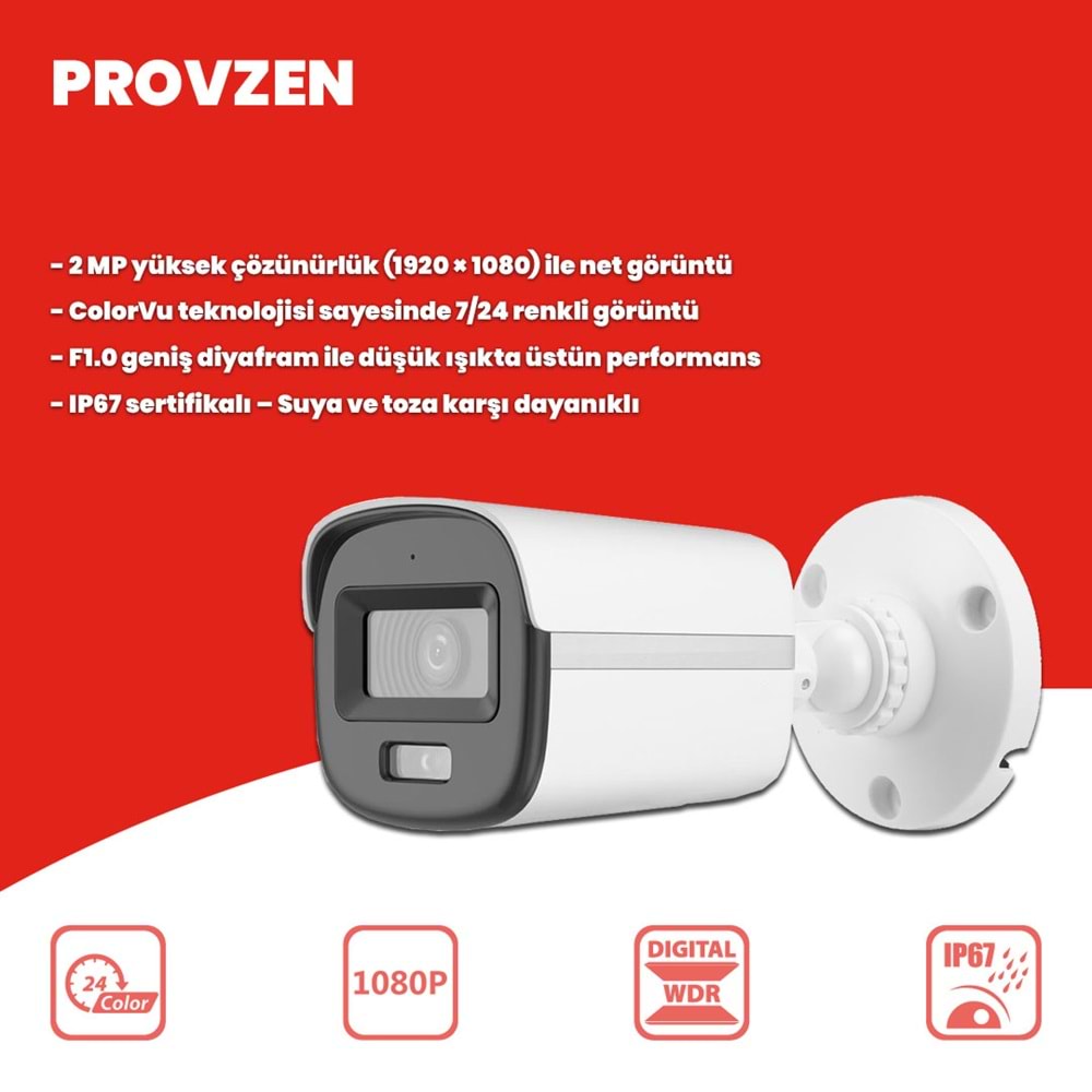 Provzen Hikvision ColorVu Full HD 4 Kameralı Gece Renkli Güvenlik Kamerası Olay Anında bildirim