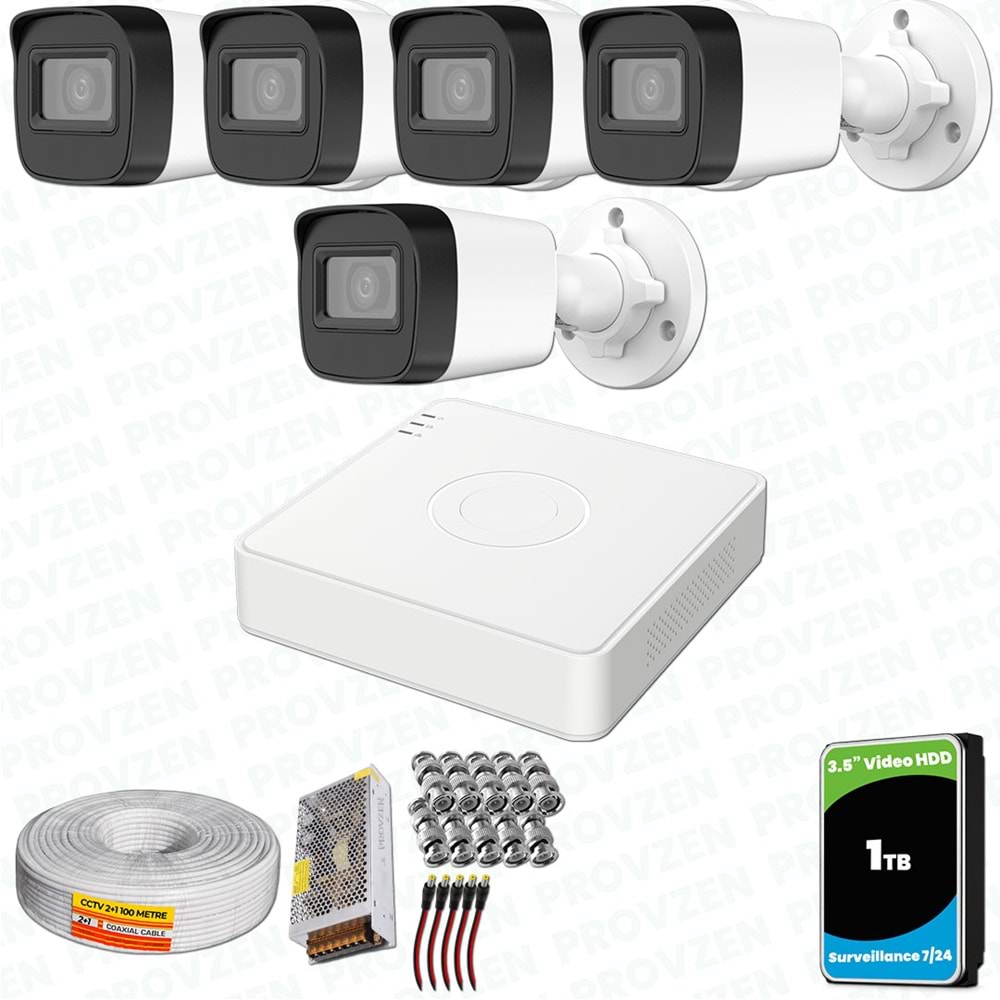 Provzen Hikvision 5 Kameralı Full HD Geniş Açı Güvenlik Kamerası 1TB Olay Anında bildirim