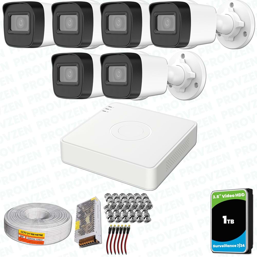 Provzen Hikvision 6 Kameralı Full HD Geniş Açı Güvenlik Kamerası 1TB Olay Anında bildirim