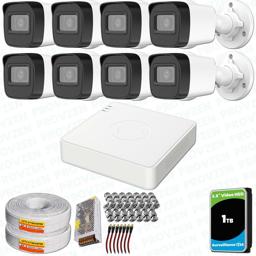 Provzen Hikvision 8 Kameralı Full HD Geniş Açı Güvenlik Kamerası 1TB Olay Anında bildirim