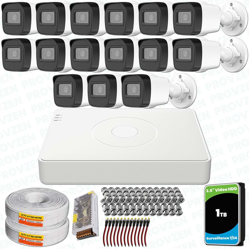 Provzen Hikvision 15 Kameralı Full HD Geniş Açı Güvenlik Kamerası 1TB Olay Anında bildirim