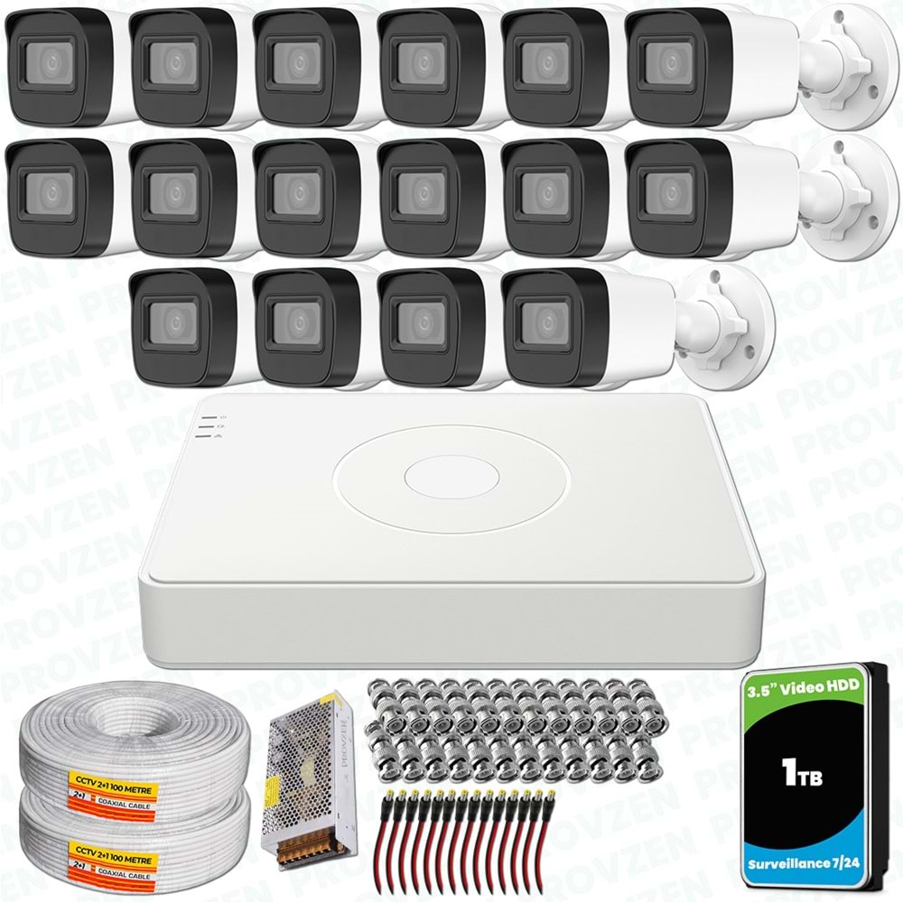 Provzen Hikvision 16 Kameralı Full HD Geniş Açı Güvenlik Kamerası 1TB Olay Anında bildirim