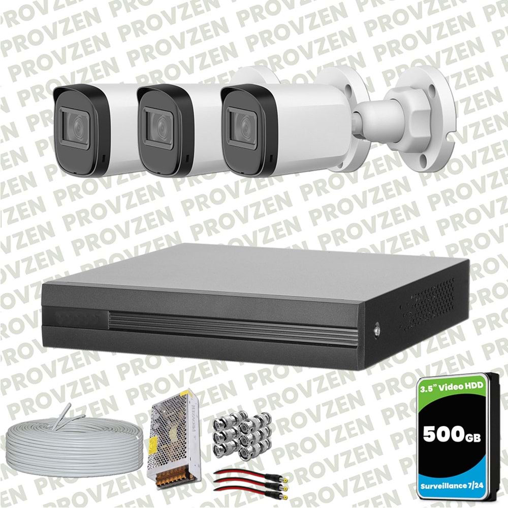 Provzen Dahua Full HD 3 Kameralı Güvenlik Kamerası + 500GB HDD