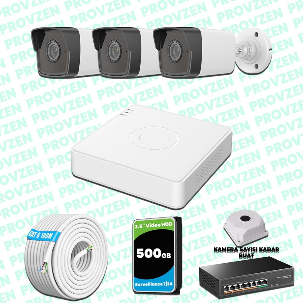 Provzen Hikvision 3 Kameralı IP 1080P Mikrofonlu Güvenlik Kamerası Olay Anında bildirim