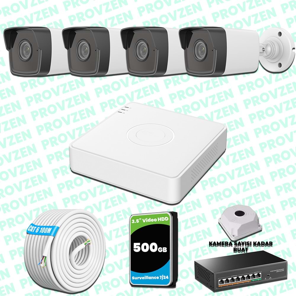 Provzen Hikvision 4 Kameralı IP 1080P Mikrofonlu Güvenlik Kamerası Olay Anında bildirim