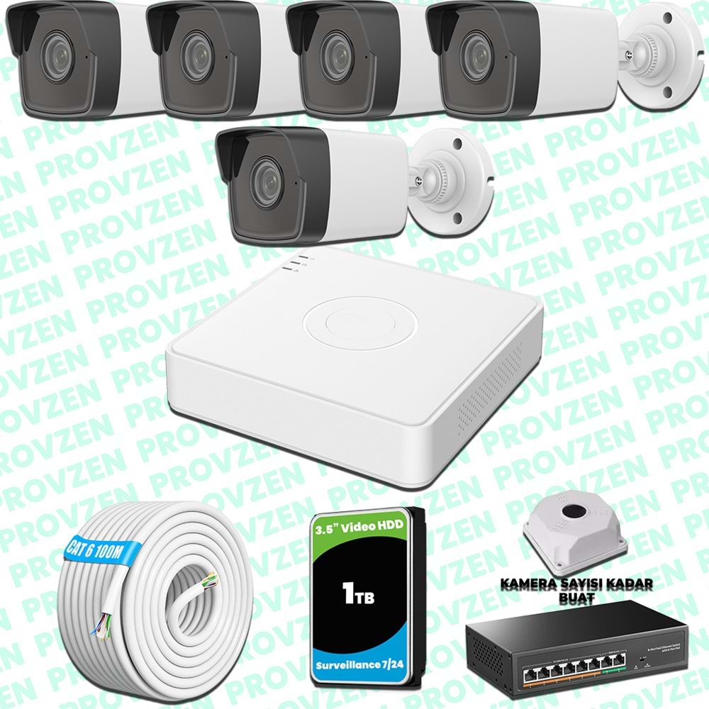 Provzen Hikvision 5 Kameralı IP 1080P Mikrofonlu Güvenlik Kamerası Olay Anında bildirim