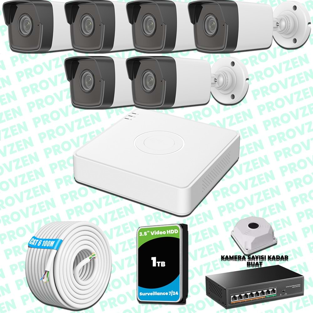 Provzen Hikvision 6 Kameralı IP 1080P Mikrofonlu Güvenlik Kamerası Olay Anında bildirim