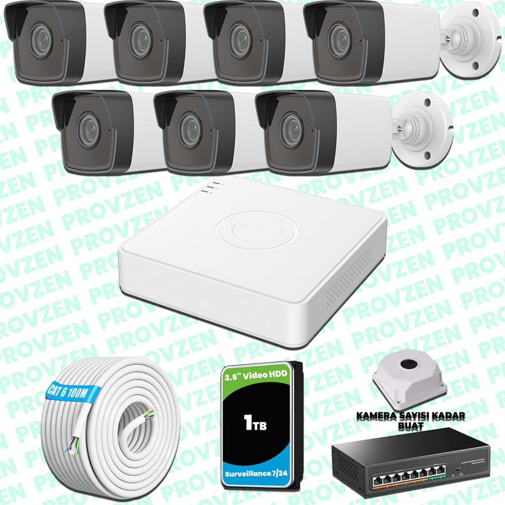 Provzen Hikvision 7 Kameralı IP 1080P Mikrofonlu Güvenlik Kamerası Olay Anında bildirim