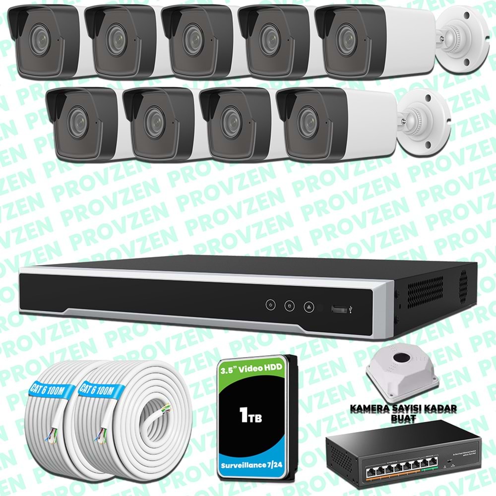 Provzen Hikvision 9 Kameralı IP 1080P Mikrofonlu Güvenlik Kamerası Olay Anında bildirim