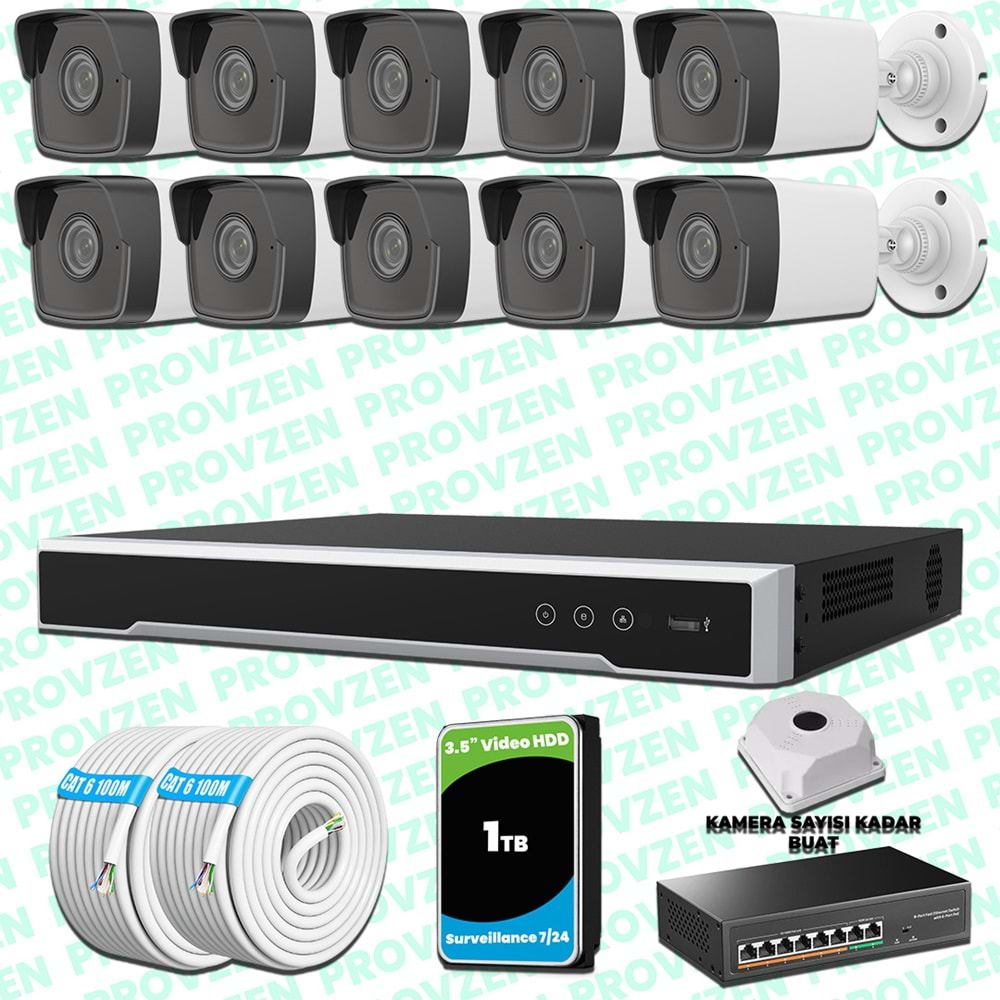 Provzen Hikvision 10 Kameralı IP 1080P Mikrofonlu Güvenlik Kamerası Olay Anında bildirim