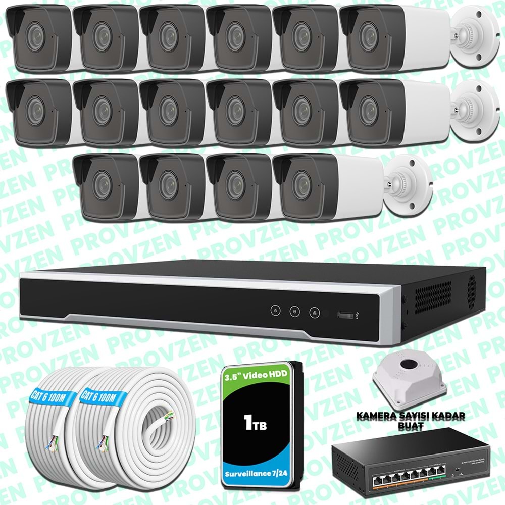 Provzen Hikvision 16 Kameralı IP 1080P Mikrofonlu Güvenlik Kamerası Olay Anında bildirim
