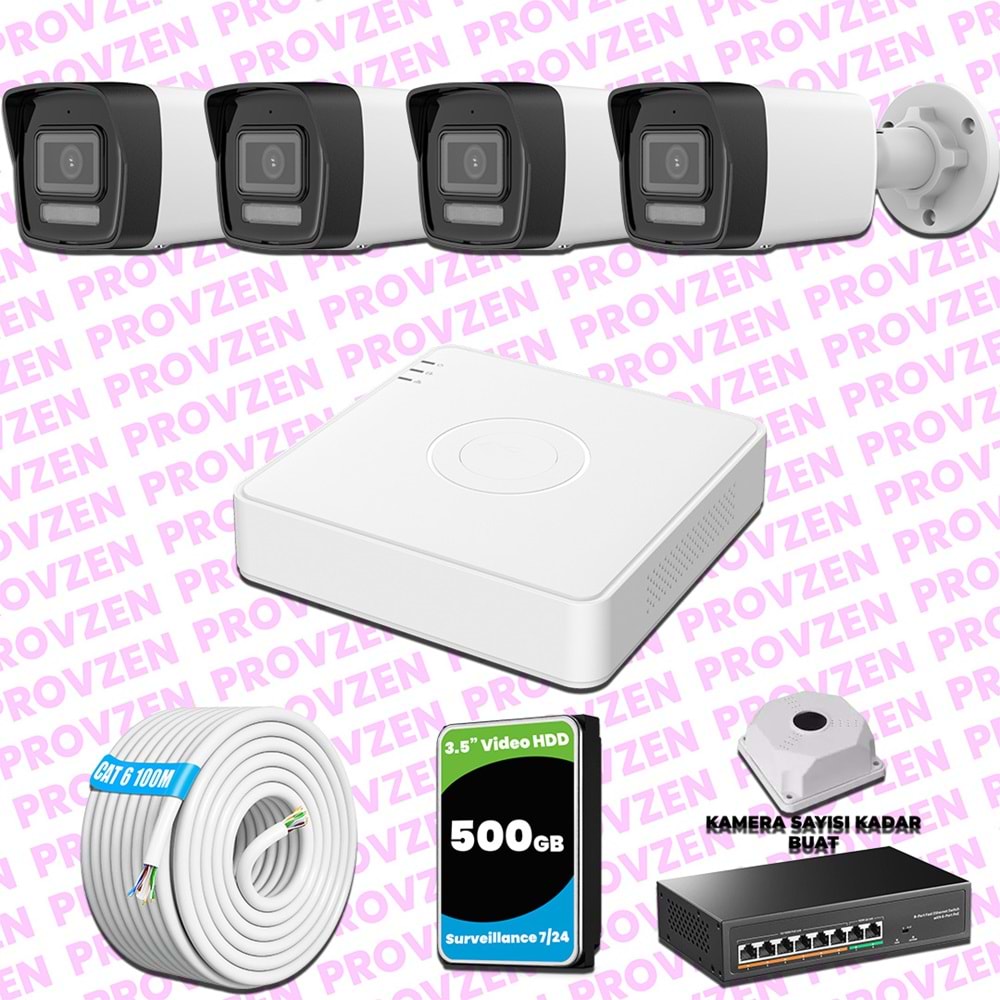 Provzen Hikvision 4 Kameralı IP 1080P ColorVu Güvenlik Kamerası Mikrofonlu Olay Anında bildirim