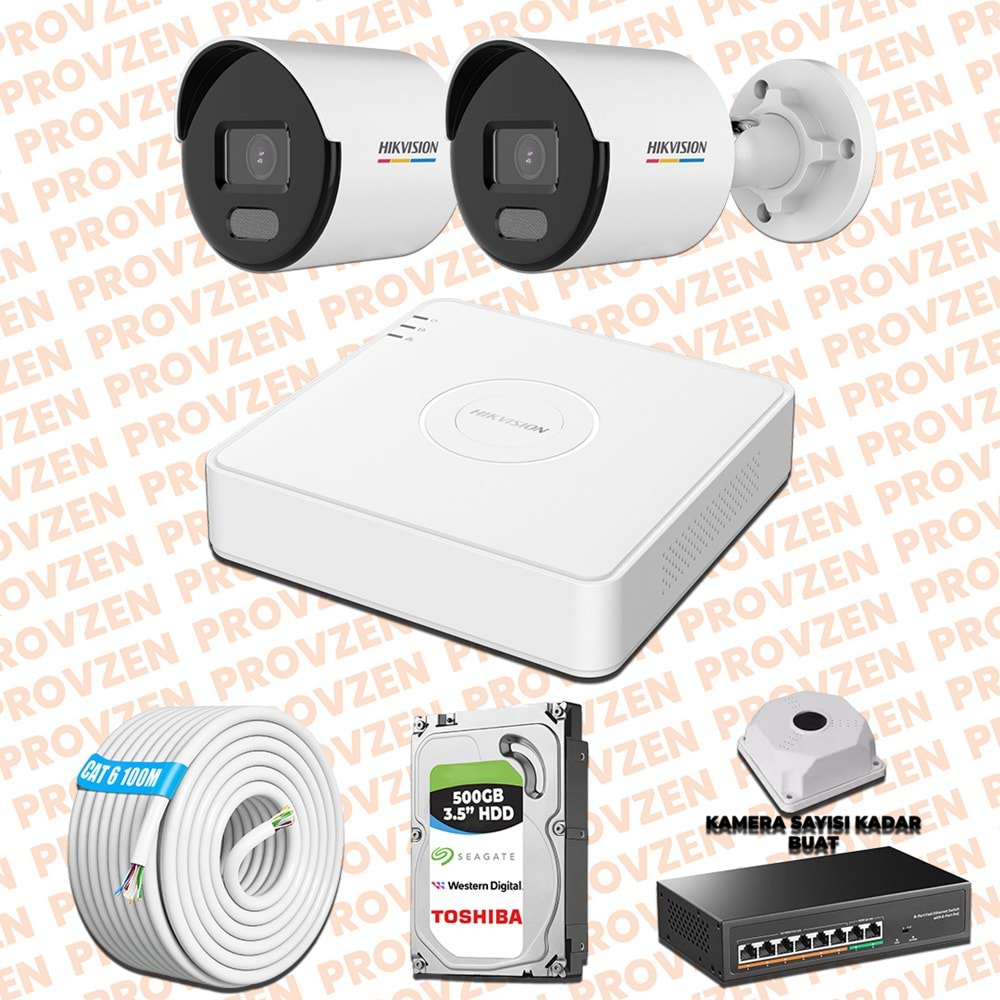 Provzen Hikvision 2 IP Kamera 7/24 Renkli Mikrofonlu Güvenlik Kamerası Olay Anında bildirim