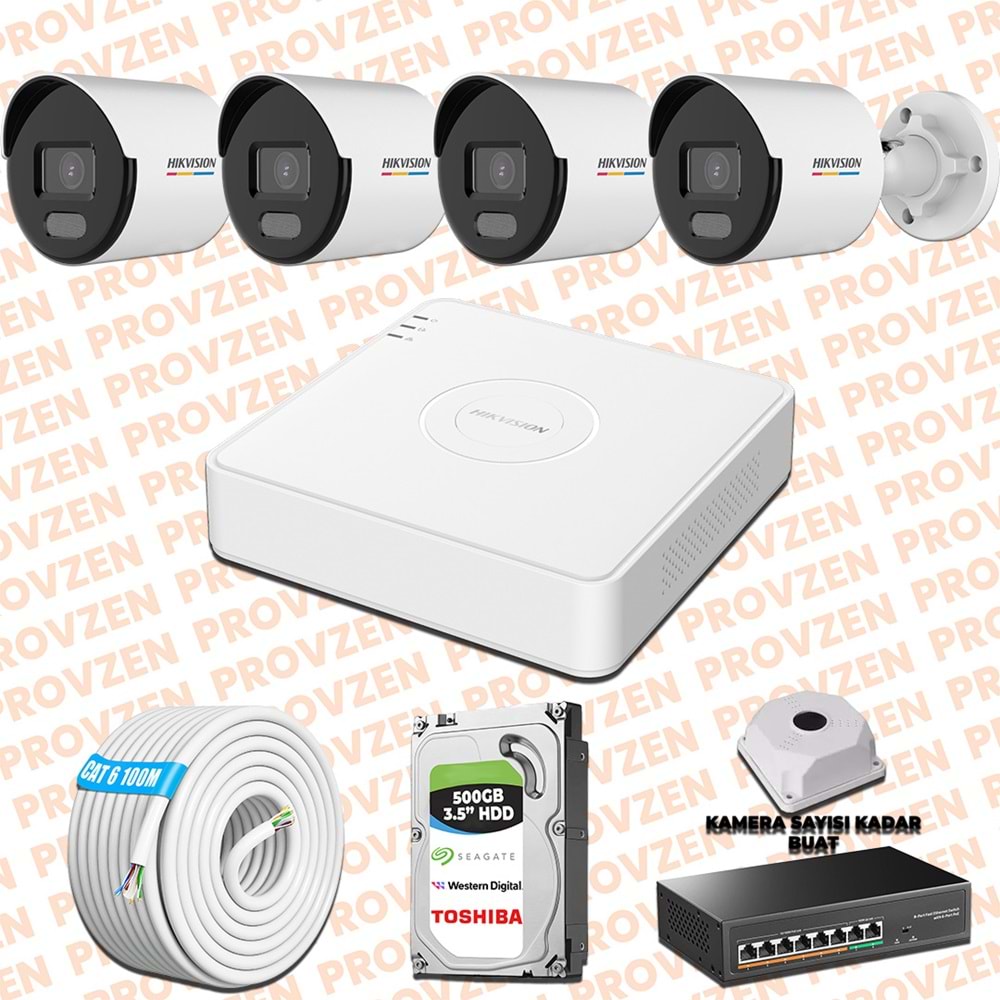 Provzen Hikvision 4 IP Kamera 7/24 Renkli Mikrofonlu Güvenlik Kamerası Olay Anında bildirim