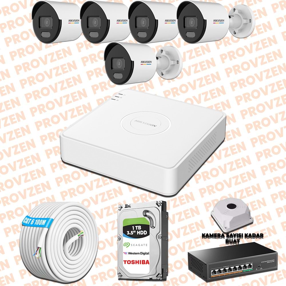 Provzen Hikvision 5 IP Kamera 7/24 Renkli Mikrofonlu Güvenlik Kamerası Olay Anında bildirim