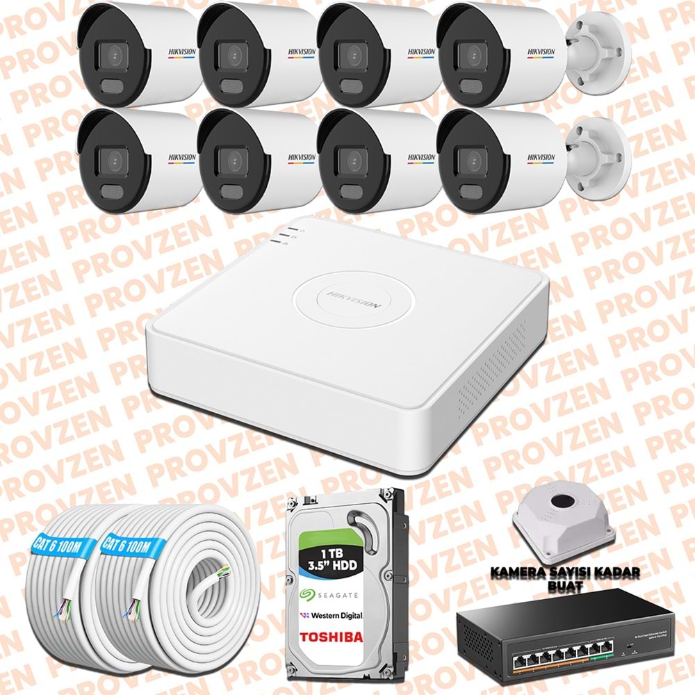 Provzen Hikvision 8 IP Kamera 7/24 Renkli Mikrofonlu Güvenlik Kamerası Olay Anında bildirim