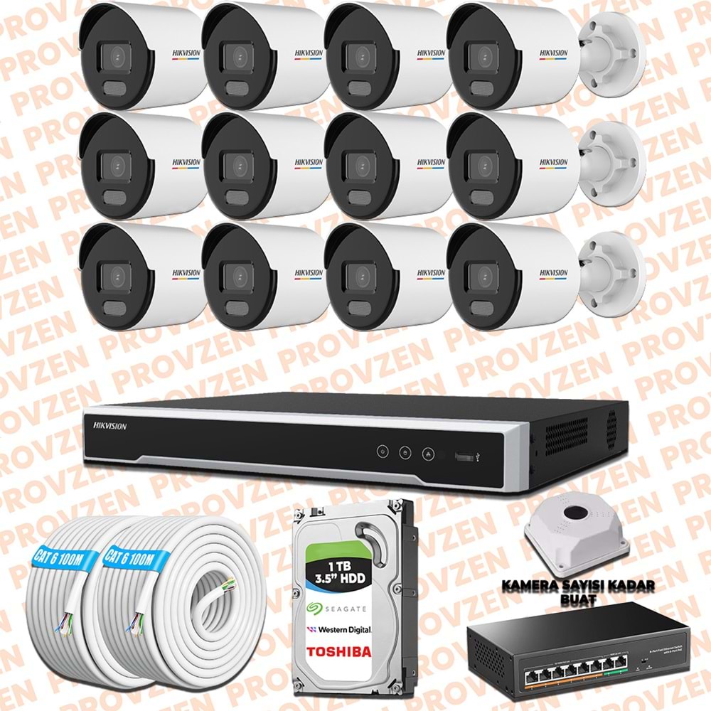 Provzen Hikvision 12 IP Kamera 7/24 Renkli Mikrofonlu Güvenlik Kamerası Olay Anında bildirim