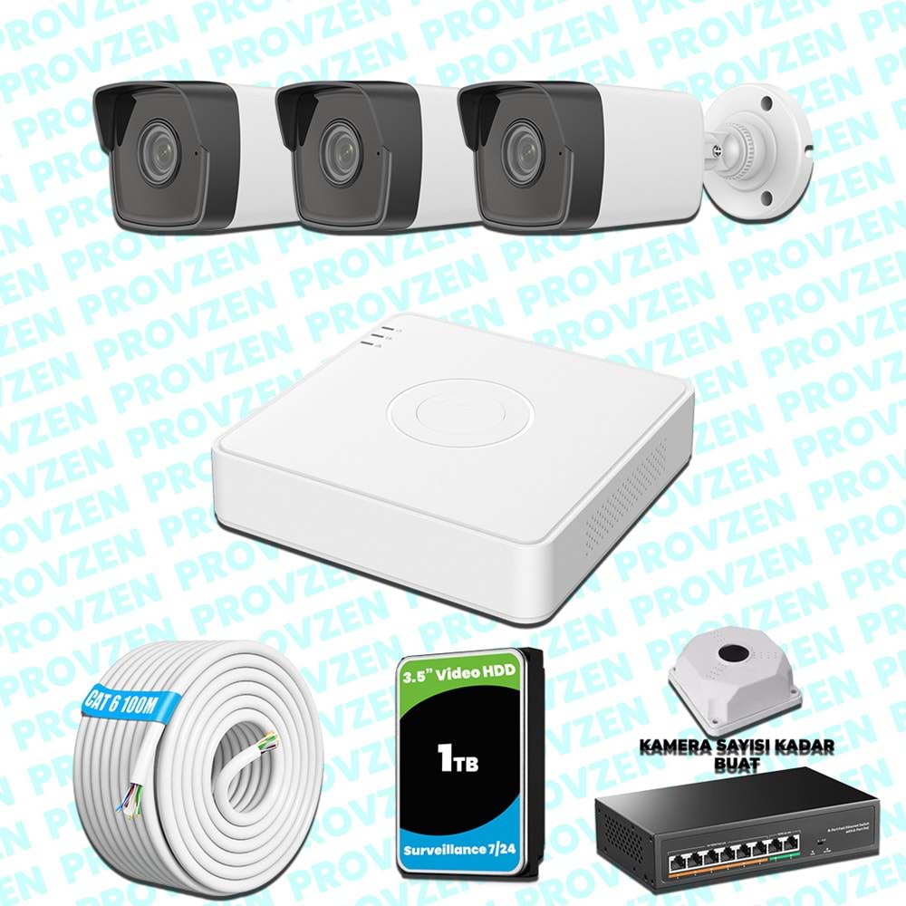 Provzen Hikvision 3 IP Kameralı 4MP 1440P Mikrofonlu Güvenlik Kamerası