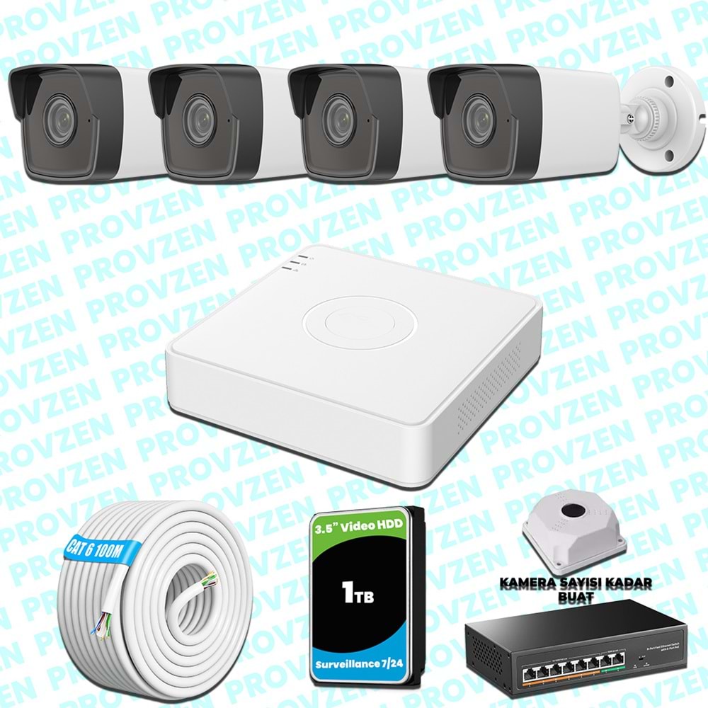 Provzen Hikvision 4 IP Kameralı 4MP 1440P Mikrofonlu Güvenlik Kamerası