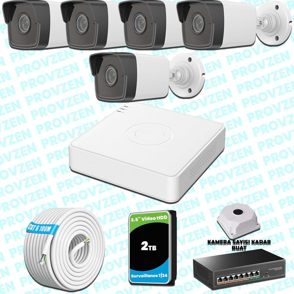 Provzen Hikvision 5 IP Kameralı 4MP 1440P Mikrofonlu Güvenlik Kamerası