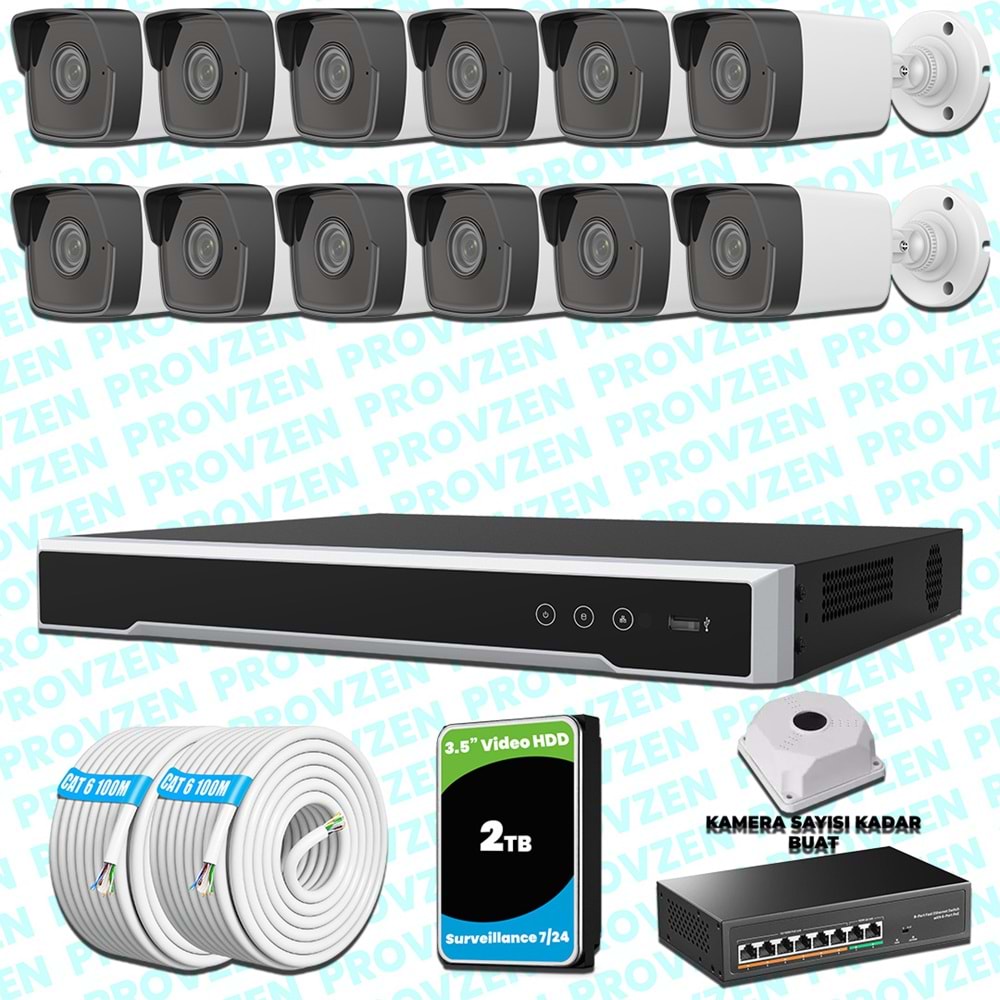 Provzen Hikvision 12 IP Kameralı 4MP 1440P Mikrofonlu Güvenlik Kamerası