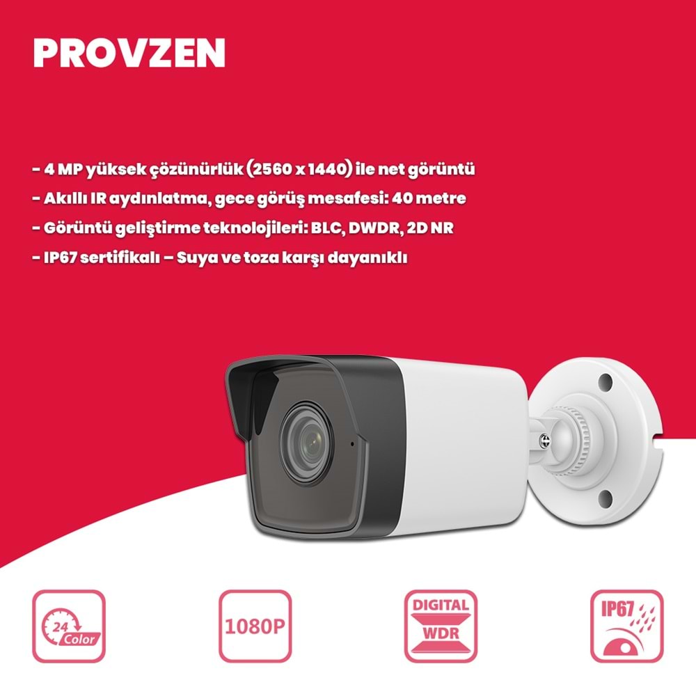 Provzen Hikvision 13 IP Kameralı 4MP 1440P Mikrofonlu Güvenlik Kamerası
