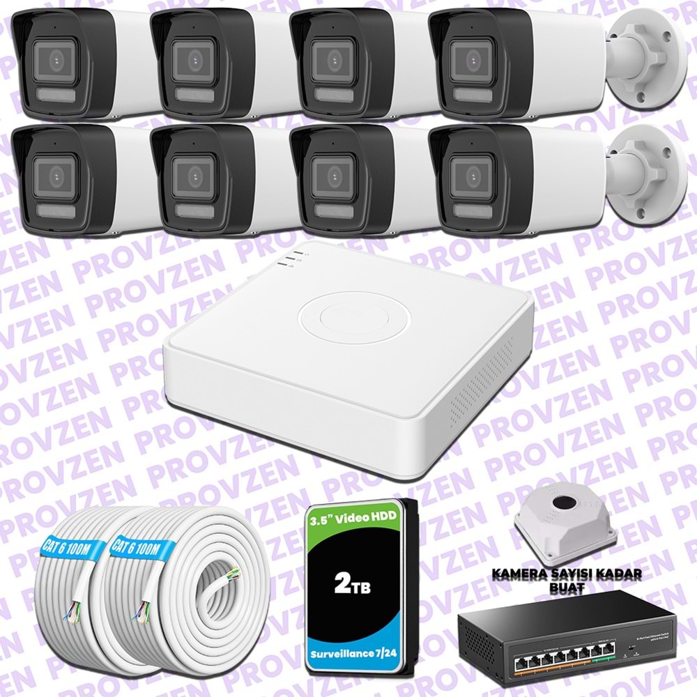 Provzen Hikvision 8 IP 4MP Hibrit ColorVu Güvenlik Kamerası Seti Olay Anında bildirim