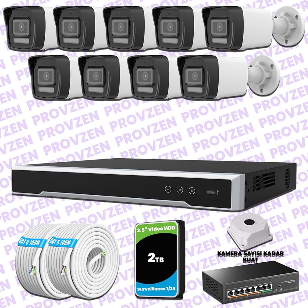Provzen Hikvision 9 IP 4MP Hibrit ColorVu Güvenlik Kamerası Seti Olay Anında bildirim