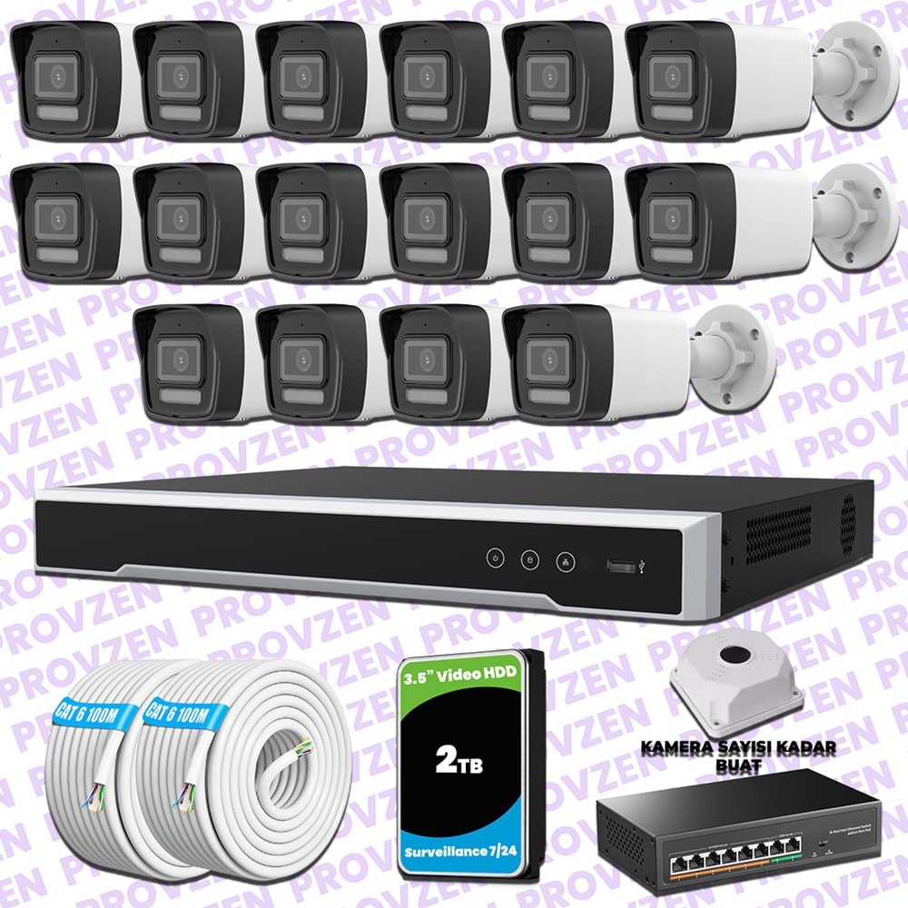 Provzen Hikvision 16 IP 4MP Hibrit ColorVu Güvenlik Kamerası Seti Olay Anında bildirim