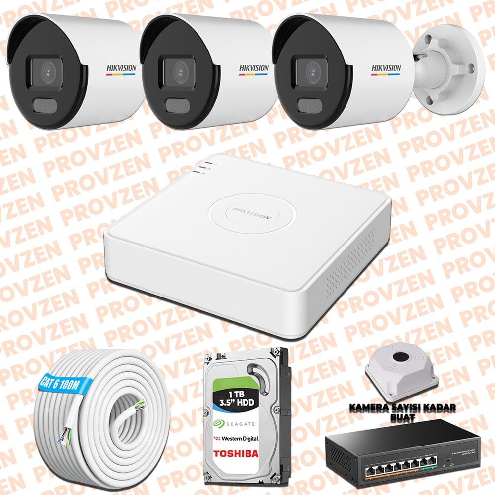 Provzen Hikvision 3 IP 4MP ColorVu Mikrofonlu Güvenlik Kamerası Olay Anında bildirim