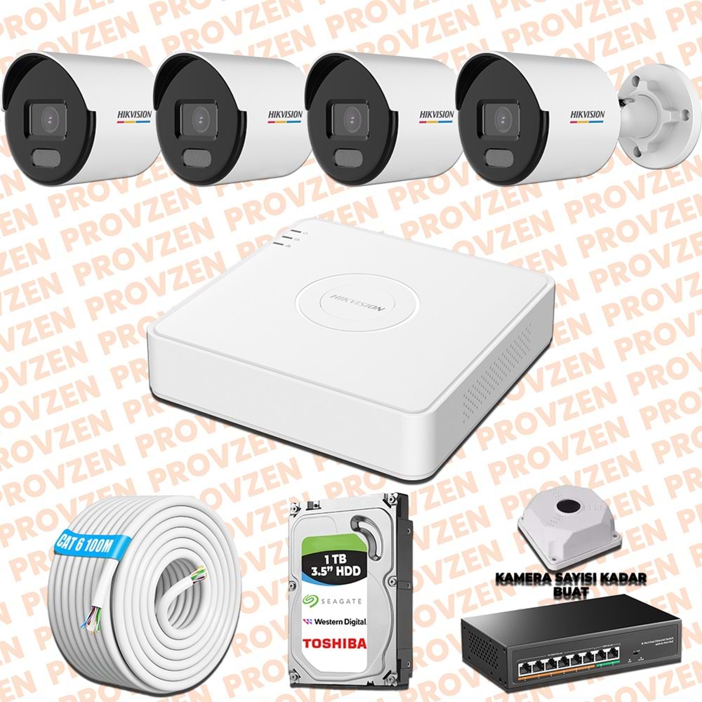Provzen Hikvision 4 IP 4MP ColorVu Mikrofonlu Güvenlik Kamerası Olay Anında bildirim