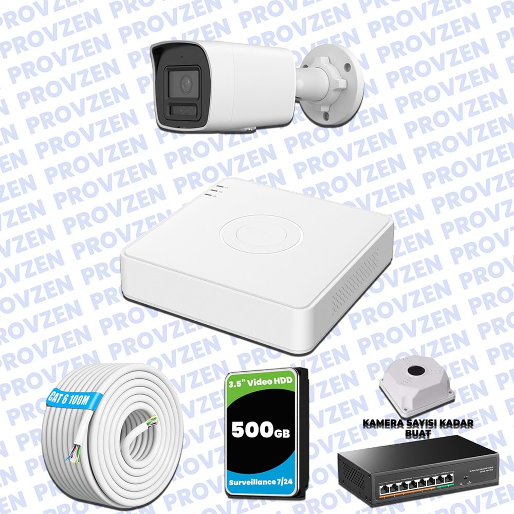Provzen Hikvision Hibrit IP ColorVu 1 Kameralı Güvenlik Kamerası Mikrofonlu Olay Anında bildirim